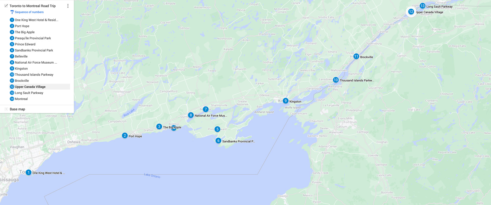 toronto to montreal road trip map